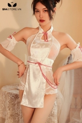 SMS596 - Váy ngủ sườn xám nhung xẻ tà đính nơ viền đỏ hở lưng sexy