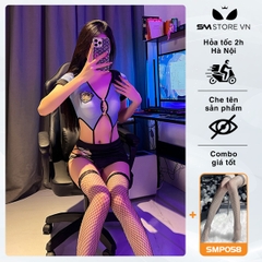 SMS140 - Cosplay nữ cảnh sát xuyên thấu với áo hở bụng quần lọt khe