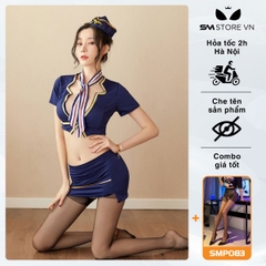 SMS440 - cosplay tiếp viên hàng không gồm áo croptop và chân váy