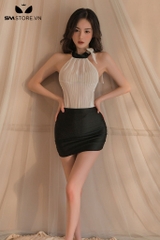 SMS571 - Cosplay nữ thư ký với áo cổ yếm hở lưng liền chân váy lưới