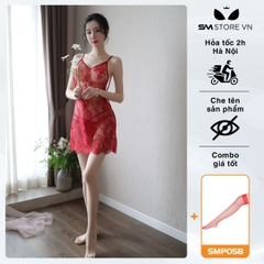 SMS059 - Váy ngủ 2 dây ren mỏng xuyên thấu trong suốt & quần lọt khe