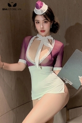 SMS652 - Váy ngủ tiếp viên cosplay cổ V xẻ tà ôm dáng gợi cảm