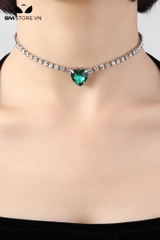 SMP121 - Vòng choker với dây chuyền đá Ngọc Lục Bảo hình trái tim