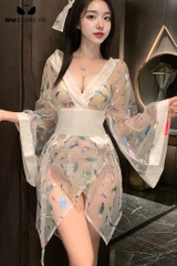 SMS557 - Áo ngủ kimono xuyên thấu gợi cảm với họa tiết lông vũ
