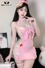 SMS628 - Set đồ ngủ váy y tá xẻ tà gắn nơ quần lót và cài tóc
