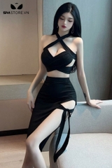 SMS845 - Đầm đi bar xẻ tà với áo ngắn hở eo cổ yếm hở lưng sexy