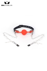 SMT1586 - Ball gag làm bằng silicon mix kẹp núm vú dây xích mạ vàng