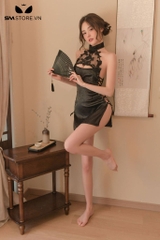 SMS591 - Váy ngủ sườn xám có dây đan eo viền ren hoa sexy