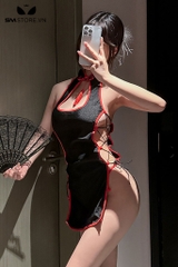 SMS592 - Váy ngủ Trung Hoa sườn xám viền đỏ buộc dây ở sườn sexy
