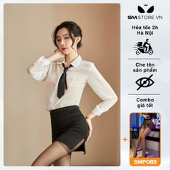 SMS037 - Cosplay thư ký áo sơ mi mỏng xuyên thấu phối chân váy đen