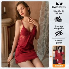SMS060 - Váy ngủ 2 dây phối ren thiết kế hở lưng sexy quyến rũ chồng