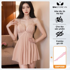 SMS747 - Váy ngủ ngắn trong suốt mix ren xuyên thấu gợi cảm