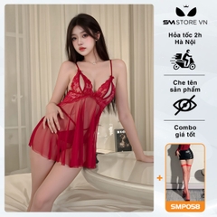 SMS747 - Váy ngủ ngắn trong suốt mix ren xuyên thấu gợi cảm
