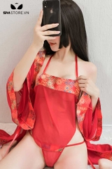 SMS640 - Set đồ ngủ sexy gồm áo yếm, quần lọt khe và áo choàng đỏ