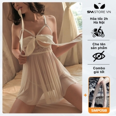SMS172 - váy 2 dây trong suốt phối nơ ngực & quần lọt khe xẻ đáy