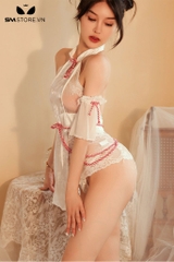 SMS596 - Váy ngủ sườn xám nhung xẻ tà đính nơ viền đỏ hở lưng sexy