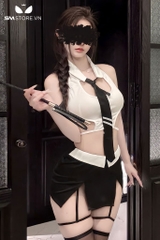 SMS680 - Cosplay cô giáo croptop có cổ kèm váy xẻ tà ôm body gợi cảm