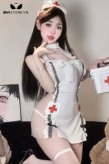 SMS628 - Set đồ ngủ váy y tá xẻ tà gắn nơ quần lót và cài tóc