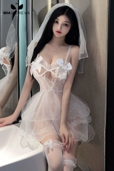 SMS667 - Trang phục cô dâu váy 2 dây xòe đính nơ gợi cảm và phụ kiện