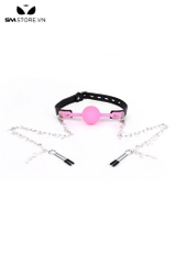 SMT1586 - Ball gag làm bằng silicon mix kẹp núm vú dây xích mạ vàng