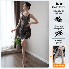 SMS059 - Váy ngủ 2 dây ren mỏng xuyên thấu trong suốt & quần lọt khe