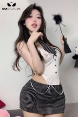 SMS672 - Cosplay cô giáo với áo 2 dây viền ren hoa và chân váy