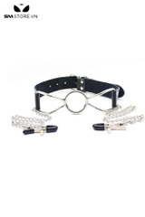 SMT1404 - Ring gag với vòng miệng bằng kim loại mix kẹp núm vú