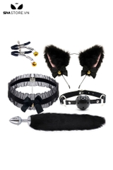 SMT501 - Set đen 5 món gồm: bờm tai mèo, vòng cổ, kẹp ti, đuôi cáo, ball gag