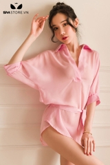 SMS762 - Áo sơ mi ngủ trong suốt có cổ chữ V và dây buộc quyễn rũ