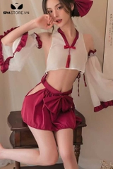 SMS633 - Combo bộ ngủ kimono với áo croptop trễ vai và chân váy