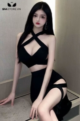SMS845 - Đầm đi bar xẻ tà với áo ngắn hở eo cổ yếm hở lưng sexy