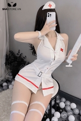 SMS566 - Váy ngủ hở lưng cosplay y tá 3 lỗ có cổ và thắt lưng