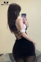 SMS602 - Đồ ngủ váy ôm body cosplay cô giáo và dây đan chéo sau