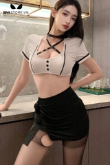 SMS679 - Set đồ ngủ thư ký croptop ngắn tay mix chân váy ngắn
