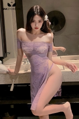SMS713 - Đầm ngủ trễ vai ren hoa xuyên thấu xẻ tà mix quần lót