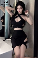 SMS845 - Đầm đi bar xẻ tà với áo ngắn hở eo cổ yếm hở lưng sexy