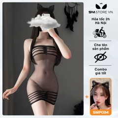 SMS178 - váy ngủ trong suốt siêu ngắn ôm body cúp ngực kẻ ngang