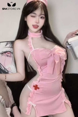 SMS628 - Set đồ ngủ váy y tá xẻ tà gắn nơ quần lót và cài tóc