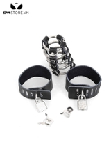 SMT2458 - Khóa dương vật giả da PU đính đinh tán dài 7.5cm kèm 2 vòng
