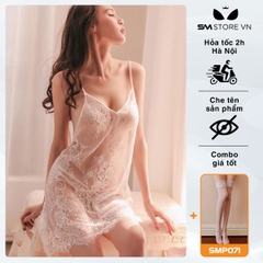 SMS059 - Váy ngủ 2 dây ren mỏng xuyên thấu trong suốt & quần lọt khe