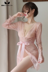 SMS723 - Áo choàng ngủ kẻ sọc phối ren hoa xuyên thấu gợi cảm
