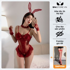 SMS526 - Cosplay thỏ quyến rũ với áo 2 dây bodysuit ren hoa
