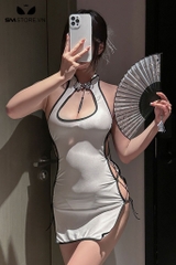 SMS592 - Váy ngủ Trung Hoa sườn xám viền đỏ buộc dây ở sườn sexy