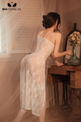 SMS710 - Đầm ngủ xẻ tà ren hoa xuyên thấu với dây đan trước sexy