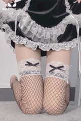 SMP140 - Tất lưới đùi viền ren hoa đính nơ đen dành cho nữ sexy