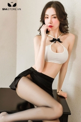 SMS681 - Combo đồ ngủ thư ký với áo 2 dây đan chéo đính nơ và váy