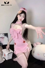 SMS628 - Set đồ ngủ váy y tá xẻ tà gắn nơ quần lót và cài tóc