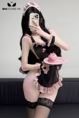 SMS525 - Cosplay hầu gái áo mỏng hở lưng có viền hồng kèm phụ kiện