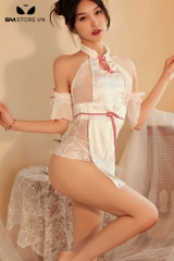 SMS596 - Váy ngủ sườn xám nhung xẻ tà đính nơ viền đỏ hở lưng sexy