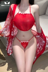 SMS696 - Combo đồ ngủ áo choàng xuyên thấu và yếm mix quần lót sexy